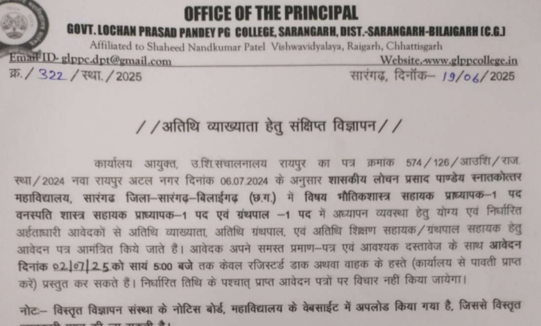 Guest Faculty Vacancy Chhattisgarh 2025, Political Science Lecturer Job, Govt PG College Sarangarh Recruitment, Teaching Jobs Raigarh, Guest Lecturer Vacancy CG, Higher Education Jobs India