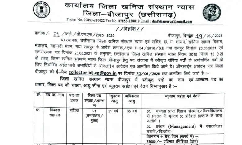 Bijapur Vacancy 2025, Chhattisgarh Government Jobs, Skill Development Jobs CG, DEO Recruitment Bijapur, CG Assistant Grade 3 Jobs, Collector Office Bijapur Vacancies, Peon Jobs in CG, Bijapur Contract Jobs